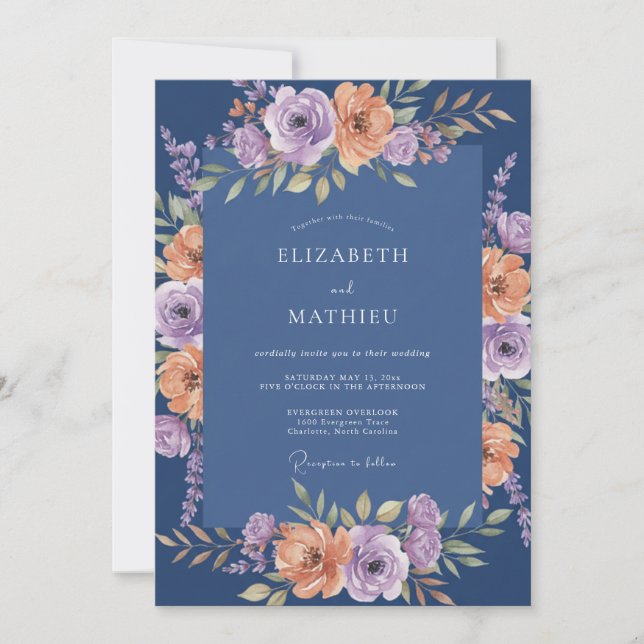 Navy Blue Lush Botanical Wedding Invitation (Front)