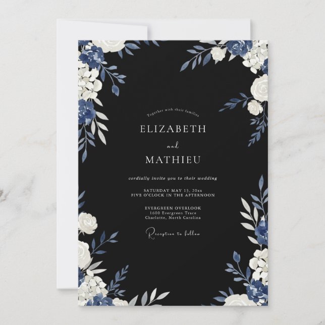 Navy Blue Lush Evening Wedding Invitation (Front)
