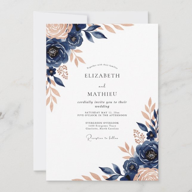 Navy Blue Luxe Botanical Wedding Invitation (Front)