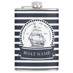 Navy Blue Luxury Boat Family Name Hip Flask