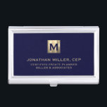 Navy Blue Luxury Gold Initial Logo Business Card Holder<br><div class="desc">Simple modern luxury design with brushed metallic gold initial logo medallion with personalised name,  title,  company name or custom text below in classic block typography on a rich navy blue background. Personalise for your custom use.</div>