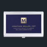 Navy Blue Luxury Gold Initial Logo Business Card Holder<br><div class="desc">Simple modern luxury design with brushed metallic gold initial logo medallion with personalised name,  title,  company name or custom text below in classic block typography on a rich navy blue background. Personalise for your custom use.</div>