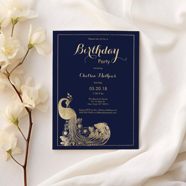 Navy blue luxury gold royal peacock Birthday Party Invitation (Navy blue luxury gold royal peacock Birthday Party)