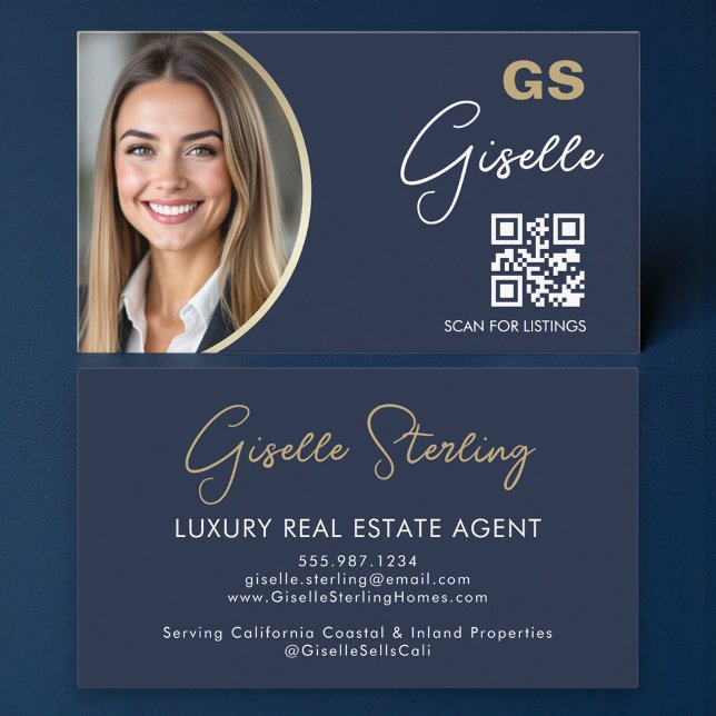 Navy Blue Luxury Real Estate Agent QR Code Photo  Business Card (Creator Uploaded)