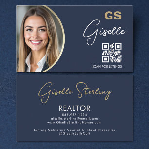 Navy Blue Luxury Realtor QR Code Photo  Business Card