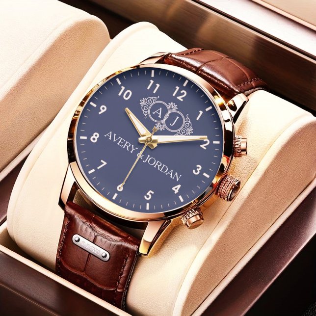 Navy Blue Luxury Vintage  Monogram Couple name  Watch (Creator Uploaded)