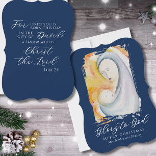 Navy Blue Madonna and Child Scripture Calligraphy Holiday Card