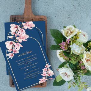 Navy Blue Magnolia Floral Wedding Details Enclosure Card
