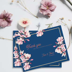 Navy Blue Magnolia Floral Wedding Thank You Postcard