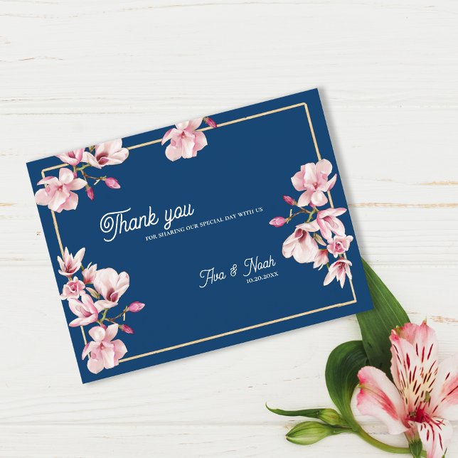 Navy Blue Magnolia Floral Wedding Thank You Postcard (Navy Blue Magnolia Floral Wedding Thank You Postcard)