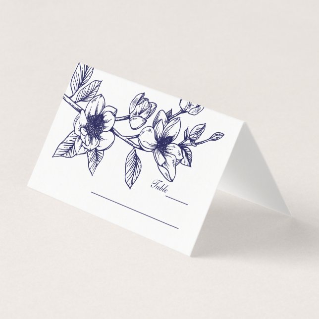 Navy Blue Magnolia Flowers Wedding Business Card (Front)