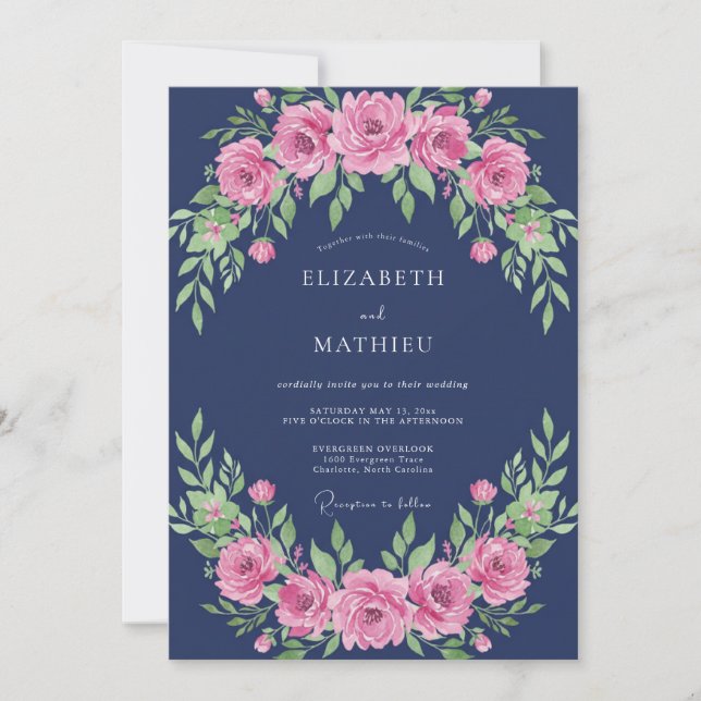 Navy Blue Majestic Floral Wedding Invitation (Front)