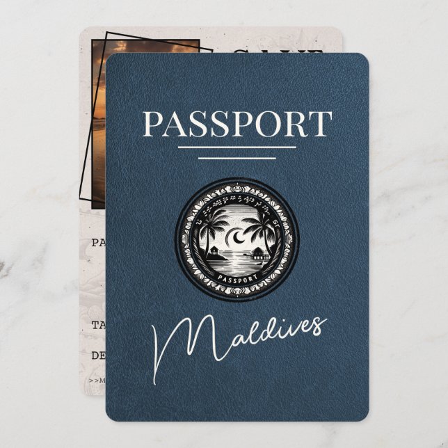 Navy Blue Maldives Passport Save The Date (Front/Back)