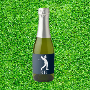 Navy Blue Man Golfer Monogram  Sparkling Wine Label