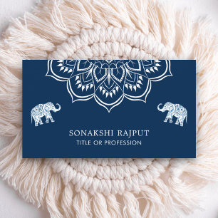 Navy Blue Mandala Elephants Indian Business Card