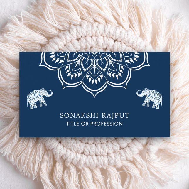 Navy Blue Mandala Elephants Indian Business Card (Creator Uploaded)