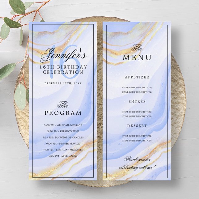 Navy Blue Marble 16th Birthday Program Menu  Invitation (Navy Blue Marble 16th Birthday Program Menu )