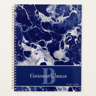Navy Blue Marble Agate and Silver Personalised Planner