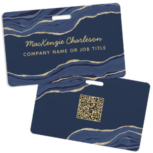 Navy Blue Marble Agate Geode Business QR Code Name ID Badge