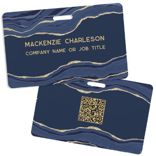 Navy Blue Marble Agate Geode Business QR Code Name ID Badge