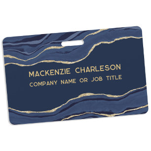 Navy Blue Marble Agate Geode Gold Business Name ID Badge