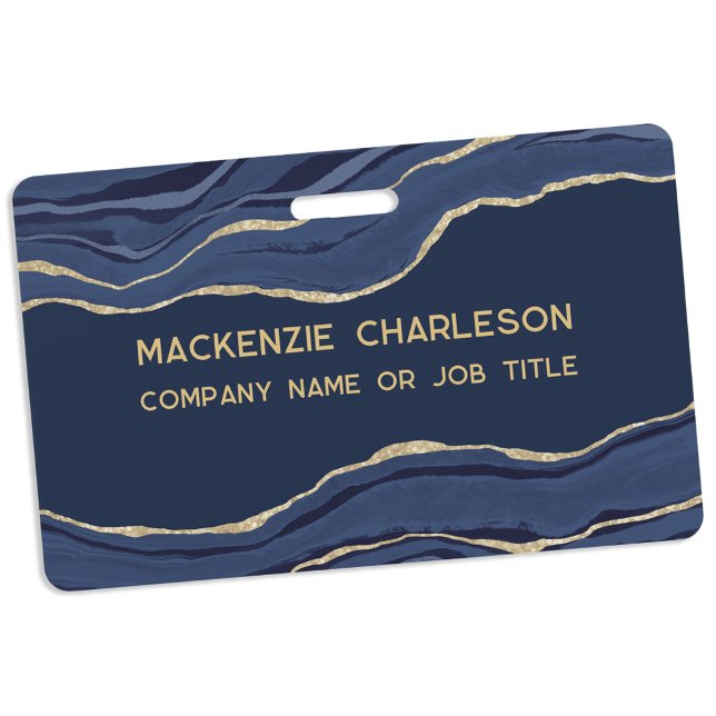Navy Blue Marble Agate Geode Gold Business Name ID Badge (Navy blue gold agate marble geode business professional name id badge)