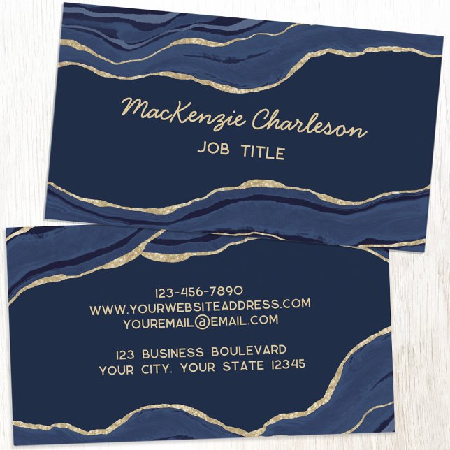 Navy Blue Marble Agate Gold Glitter Business Card (Navy blue gold agate geode script font elegant business card)
