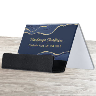 Navy Blue Marble Agate Gold Glitter Geode Desk Business Card Holder