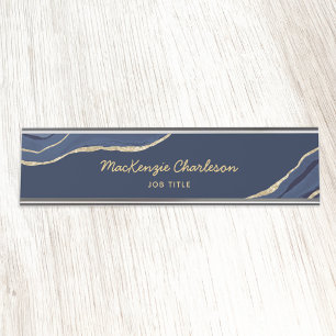 Navy Blue Marble Agate Gold Glitter Professional Desk Name Plate
