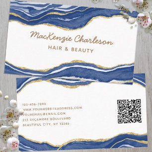 Navy Blue Marble Agate Gold Glitter QR Code Business Card