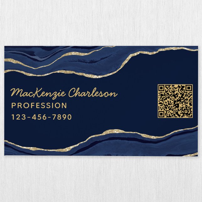 Navy Blue Marble Agate Gold Glitter QR Code Geode Magnetic Business Card (Navy blue gold agate marble geode business card magnet with custom text)