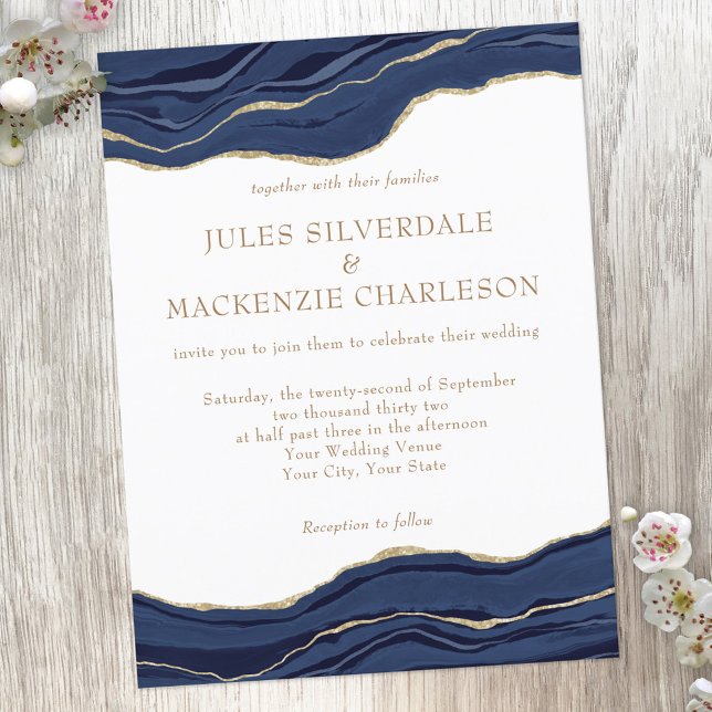 Navy Blue Marble Agate Gold Glitter Wedding Invite Postcard (Creator Uploaded)