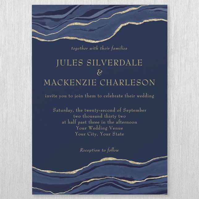 Navy Blue Marble Agate Gold Glitter Wedding Magnetic Invitation (Creator Uploaded)
