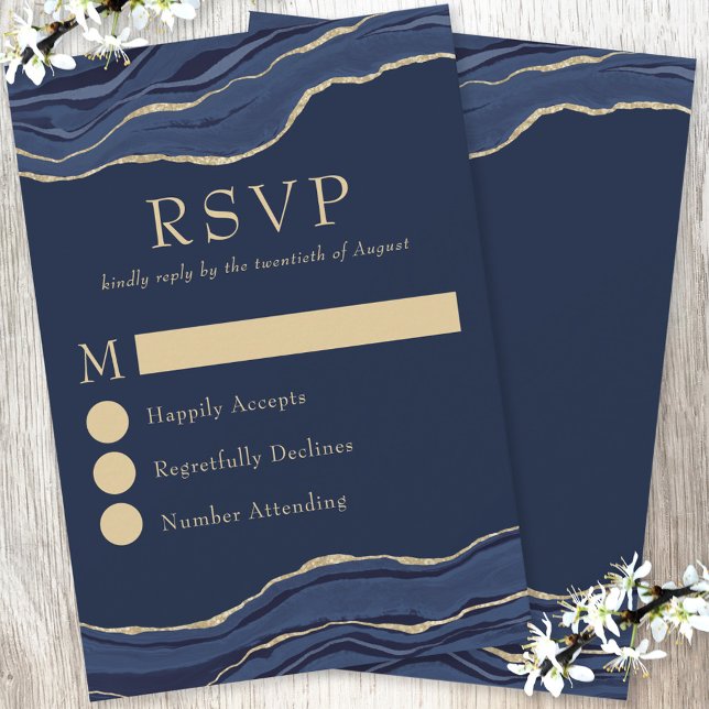 Navy Blue Marble Agate Gold Glitter Wedding RSVP Card (Creator Uploaded)