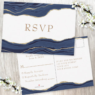 Navy Blue Marble Agate Gold Glitter Wedding RSVP Card