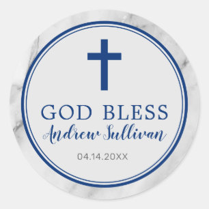 Navy Blue Marble Baptism Favor Classic Round Sticker