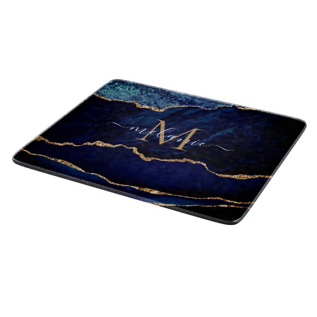 Navy Blue Marble Cutting Board Custom Name Letter (Corner)