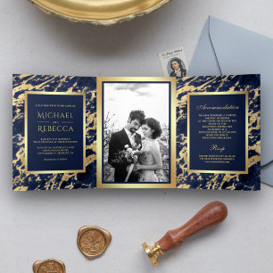 Navy Blue Marble Faux Gold Foil Photo Wedding Tri-Fold Invitation