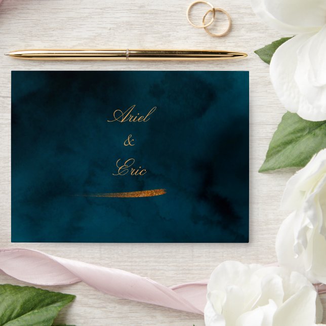 Navy Blue Marble & Gold Eucalyptus Elegant Wedding Envelope (Wedding)