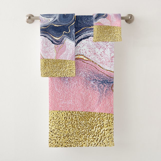  Navy Blue Marble Gold Glitter Elegant Chic   Bath Towel Set (Insitu)