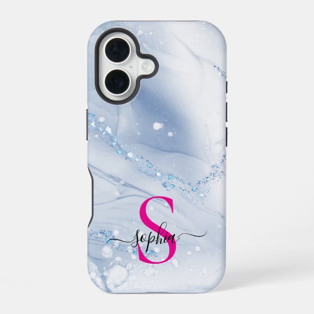 Navy blue marble gold glitter monogram iPhone 16 case (Back)