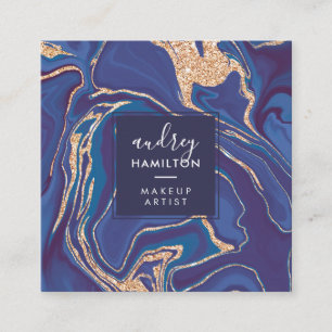 Navy blue marble rose gold glitter makeup modern square business card