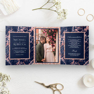 Navy Blue Marble Rose Gold Glitter Photo Wedding Tri-Fold Invitation