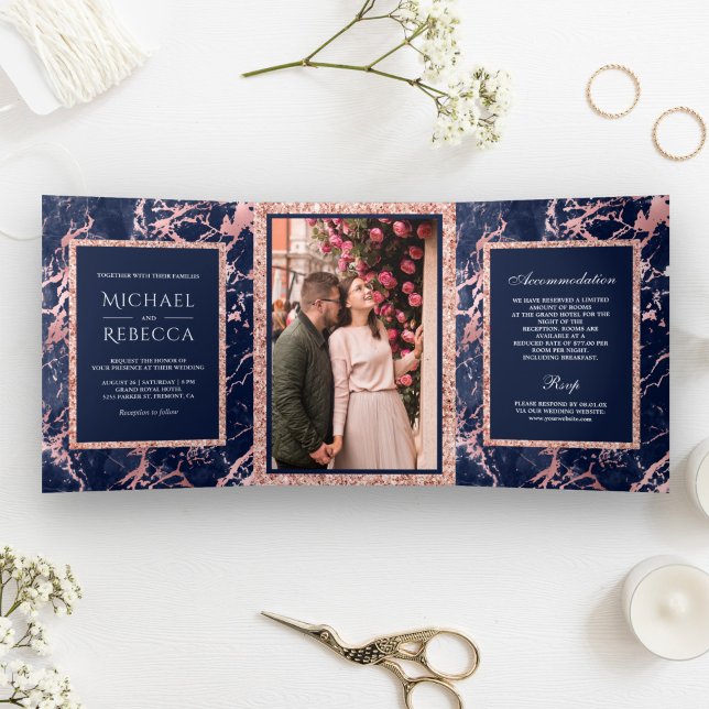 Navy Blue Marble Rose Gold Glitter Photo Wedding Tri-Fold Invitation (Creator Uploaded)
