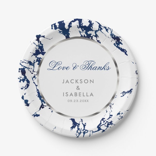 Navy Blue Marble, Silver and White Paper Plate (Front)
