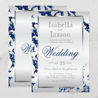 Navy Blue Marble, Silver & White Satin Invitation