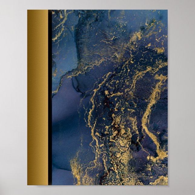 Navy Blue Marble Stone / Black Gold Border Art  Poster (Front)