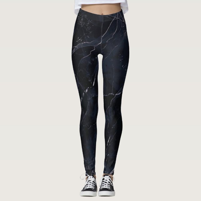 Navy blue marble: stone texture. leggings (Front)