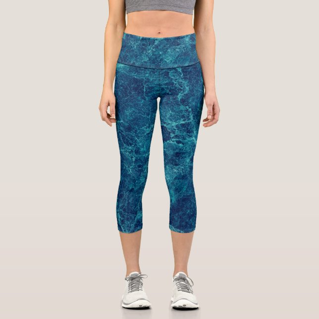 Navy Blue Marble Texture Capri Leggings (Front)