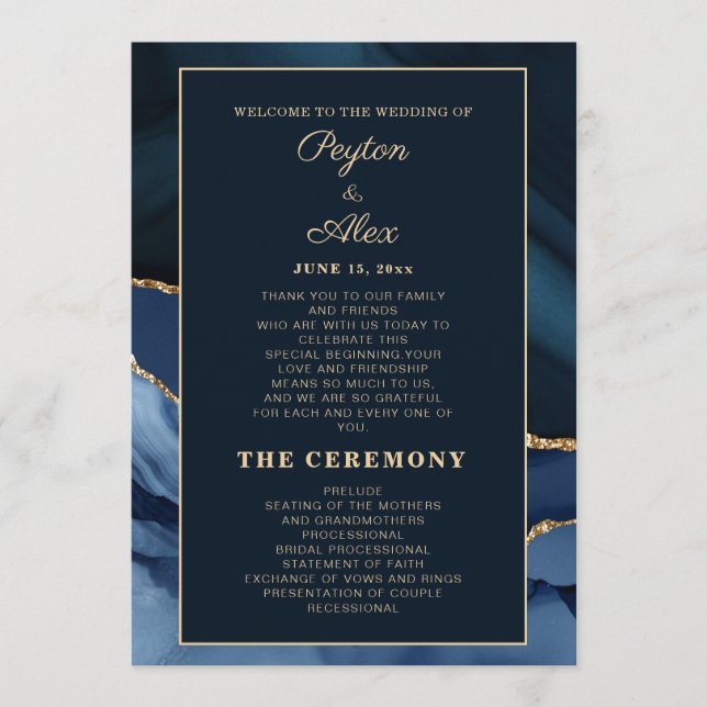 Navy Blue Marble Wedding Program Bridal Party  Programme (Front)